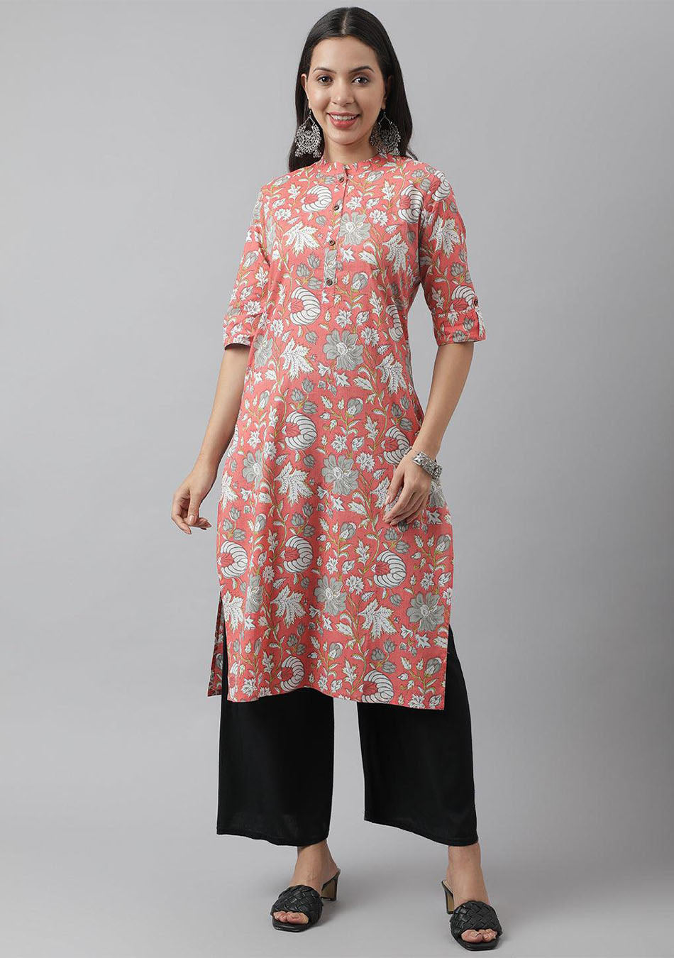 Women's Pink & Multi Floral Printed Straight Kurta - Taantav