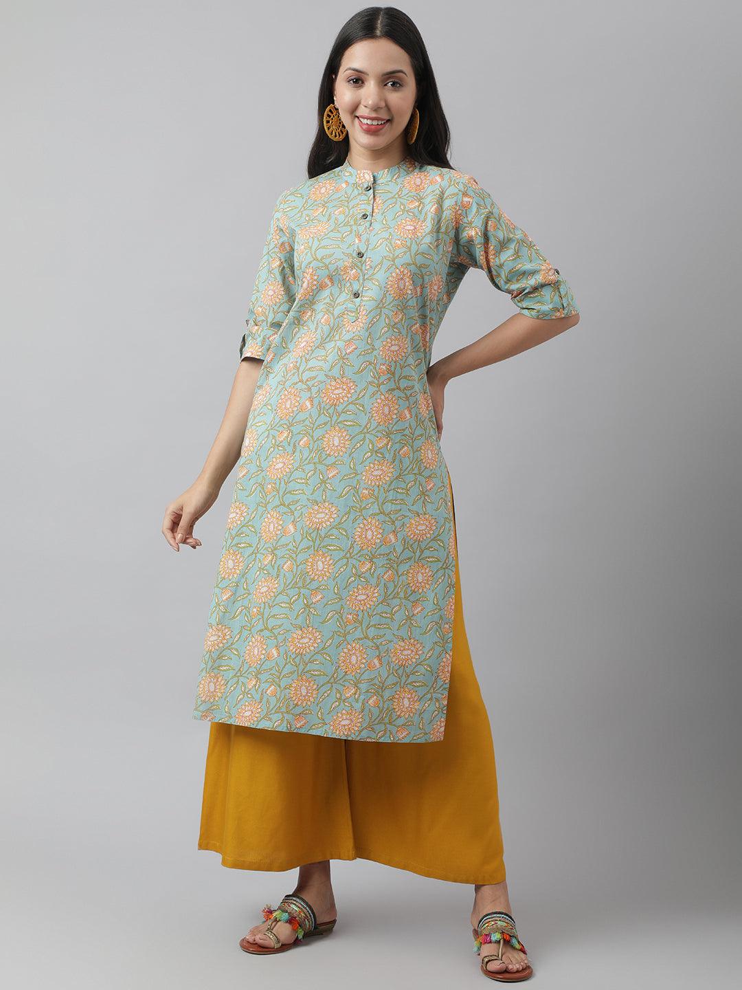 Women's Sea Green Floral Printed Straight Kurta - Taantav