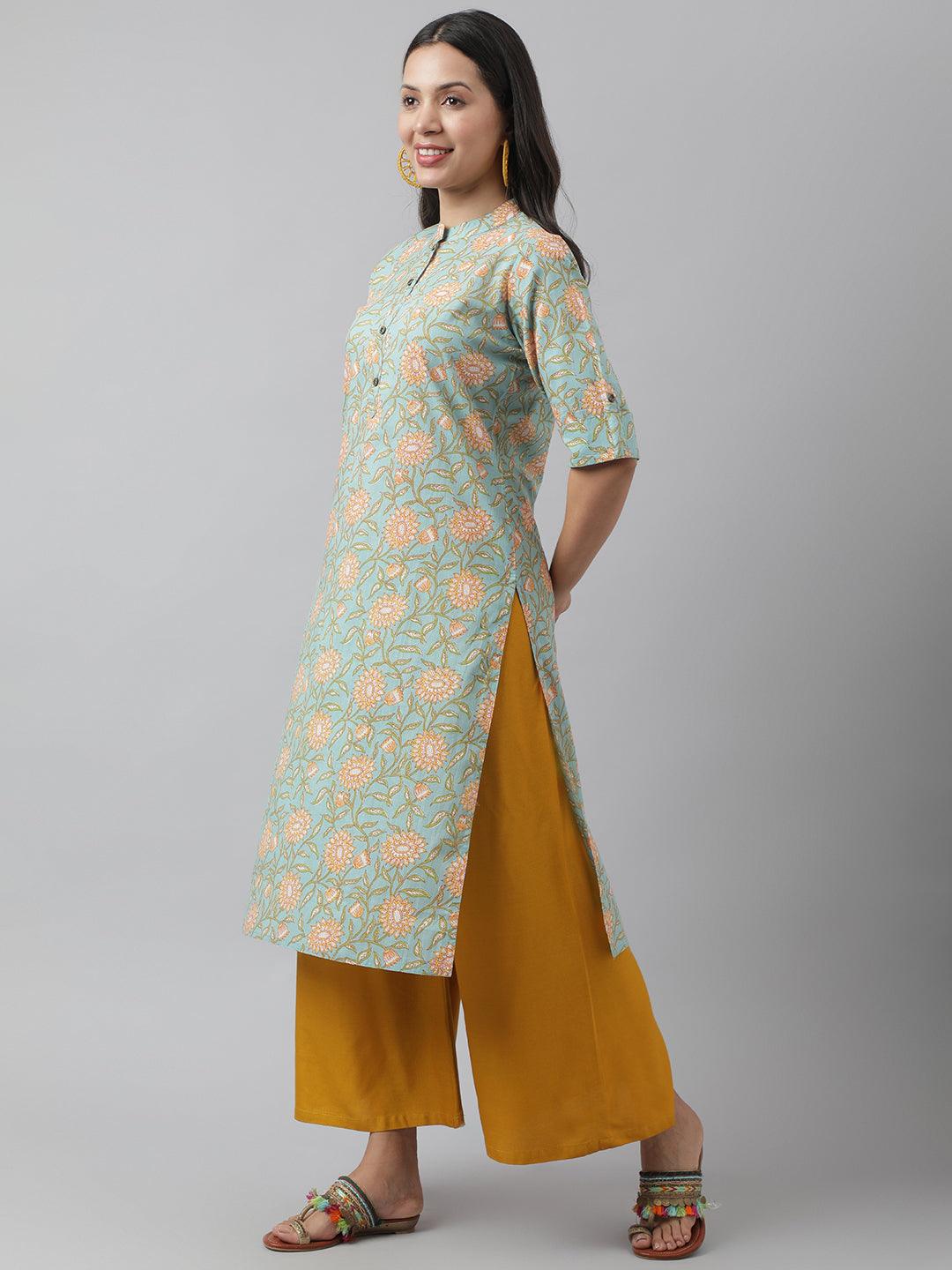 Women's Sea Green Floral Printed Straight Kurta - Taantav