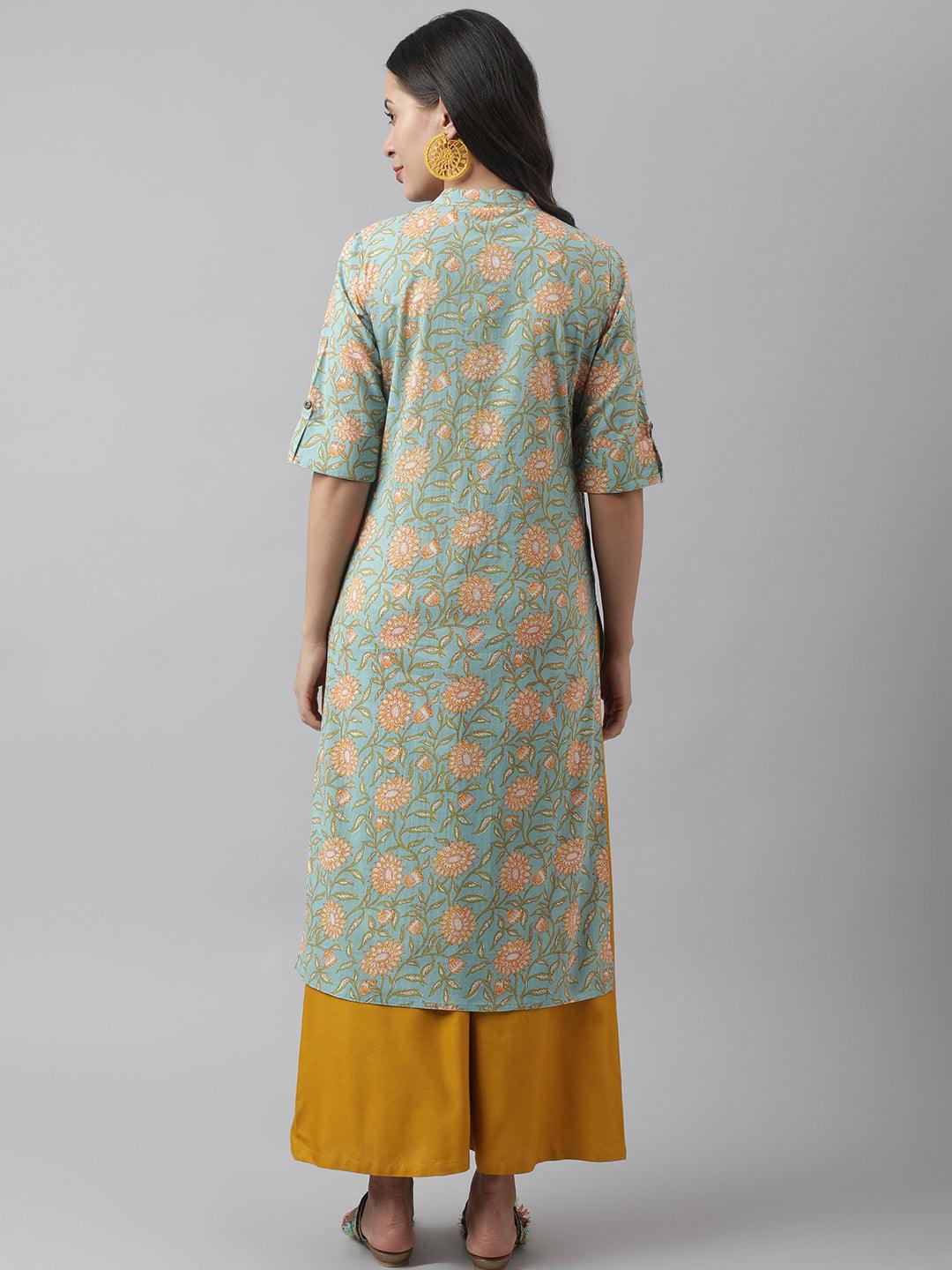 Women's Sea Green Floral Printed Straight Kurta - Taantav