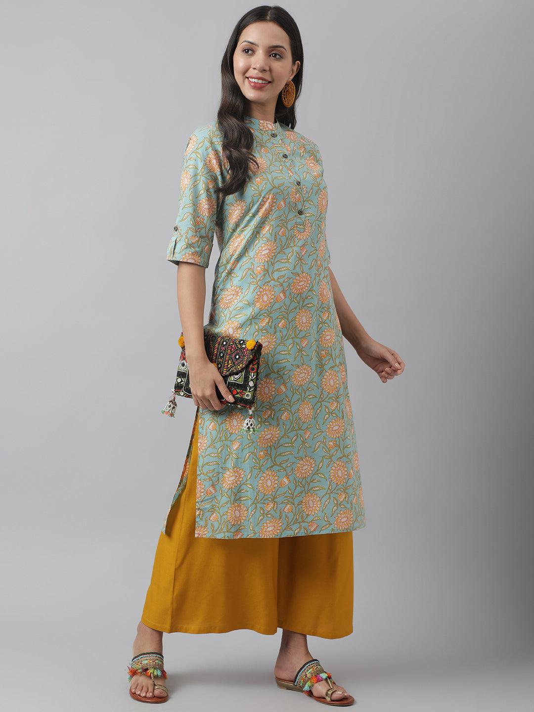 Women's Sea Green Floral Printed Straight Kurta - Taantav