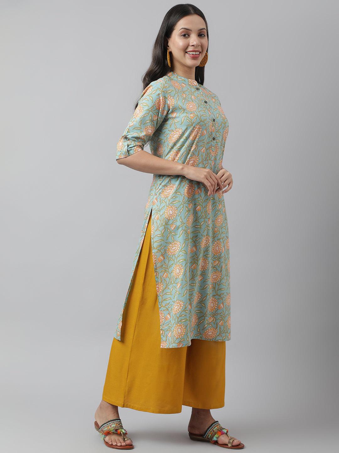 Women's Sea Green Floral Printed Straight Kurta - Taantav