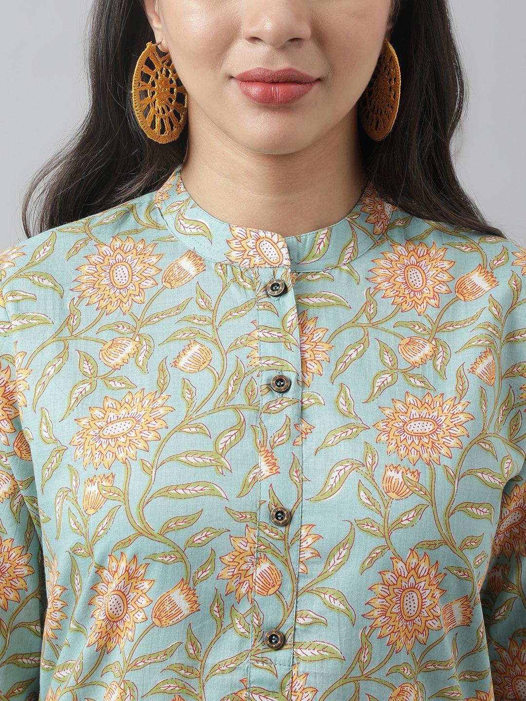 Women's Sea Green Floral Printed Straight Kurta - Taantav