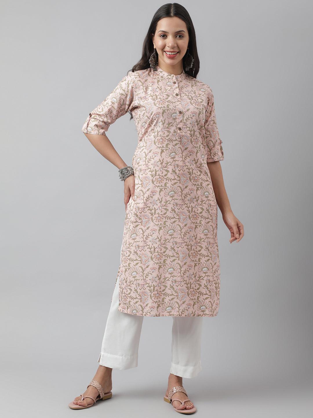 Women's Baby Pink Floral Printed Straight Kurta - Taantav