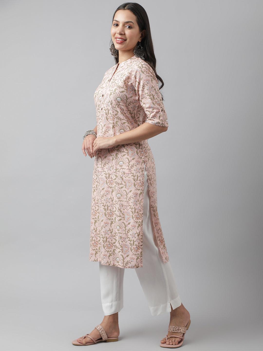 Women's Baby Pink Floral Printed Straight Kurta - Taantav