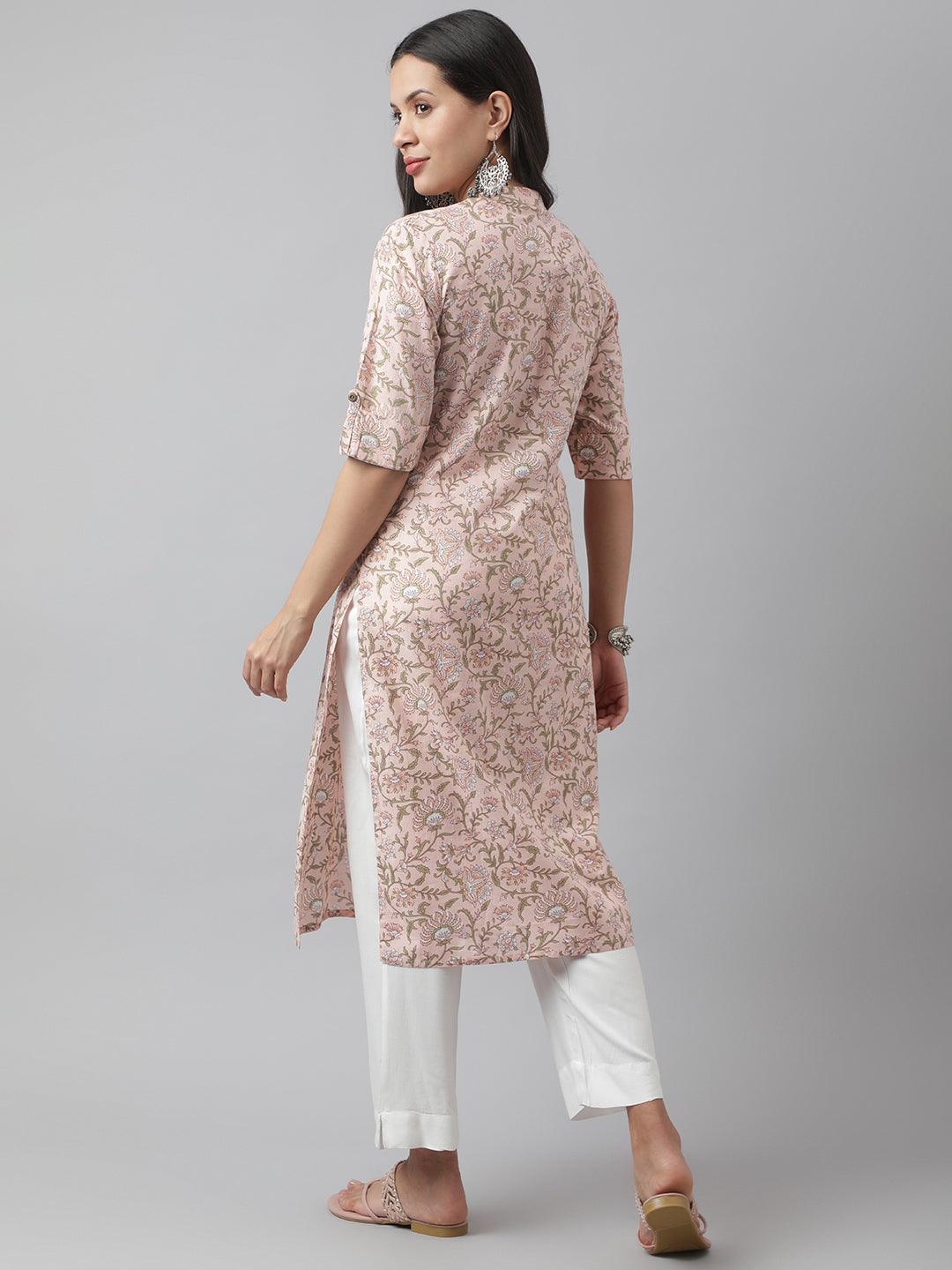 Women's Baby Pink Floral Printed Straight Kurta - Taantav