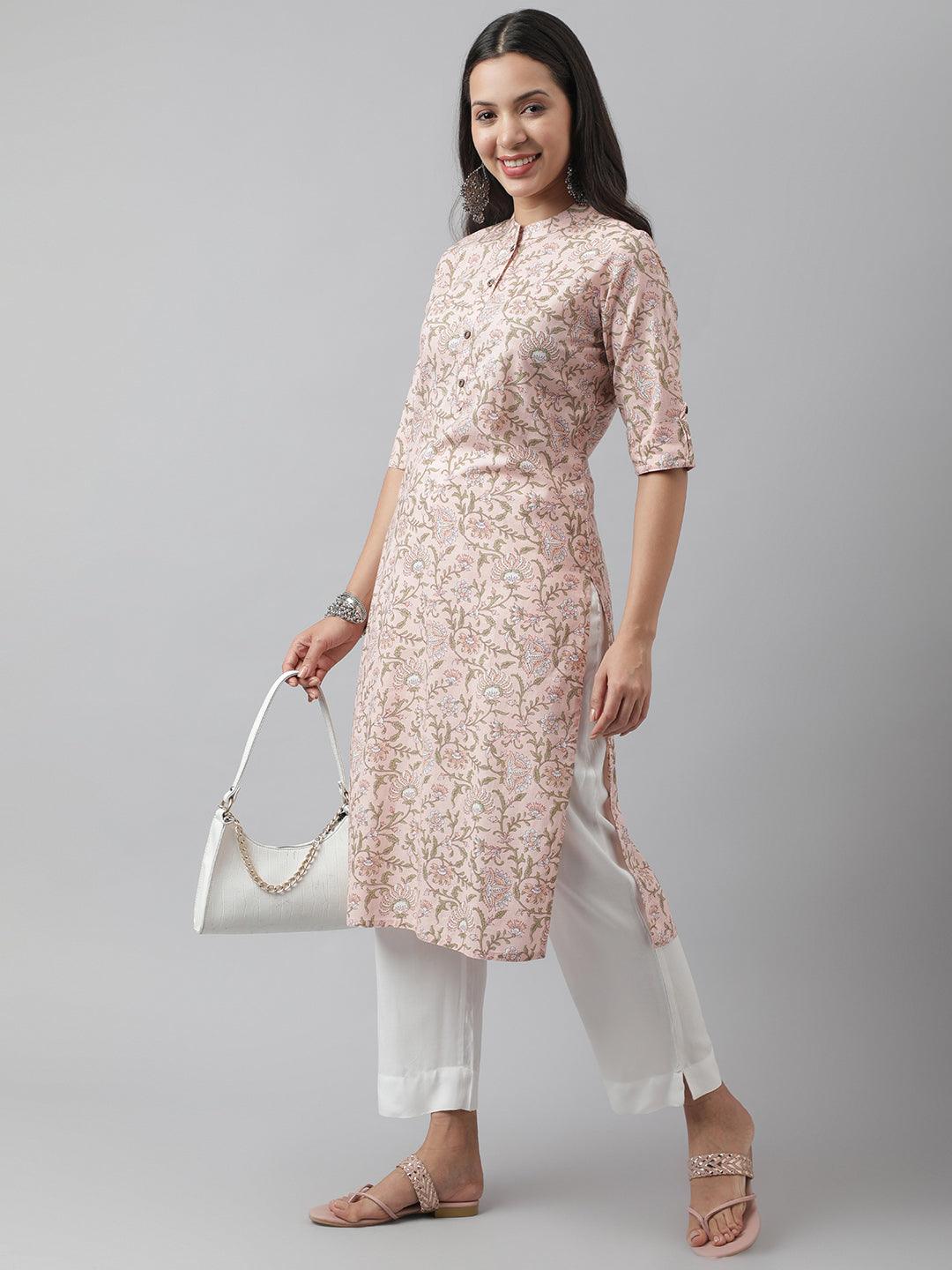 Women's Baby Pink Floral Printed Straight Kurta - Taantav