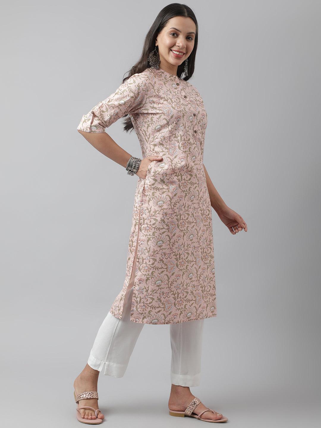 Women's Baby Pink Floral Printed Straight Kurta - Taantav