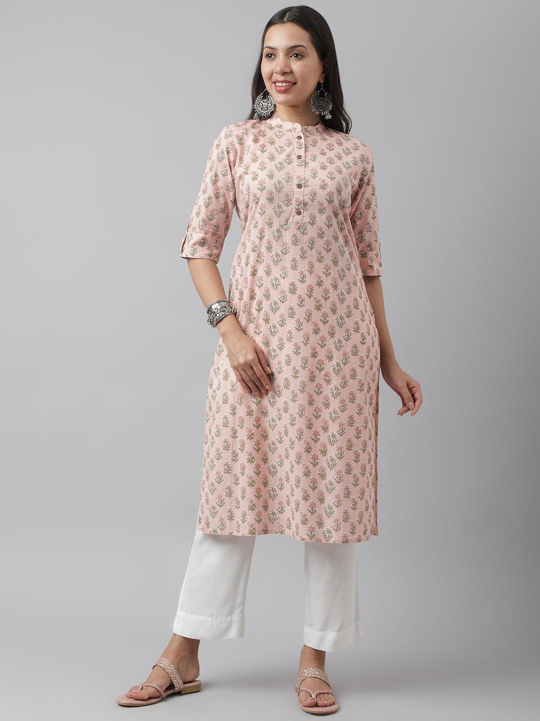 Women's Soft Pink Floral Printed Straight Kurta - Taantav