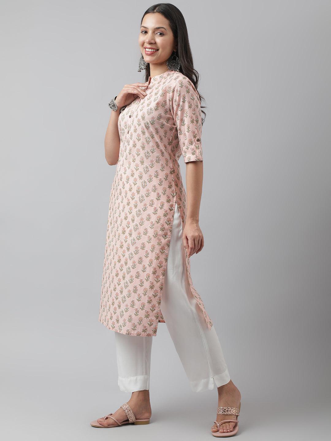 Women's Soft Pink Floral Printed Straight Kurta - Taantav