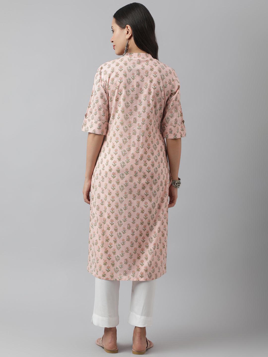 Women's Soft Pink Floral Printed Straight Kurta - Taantav