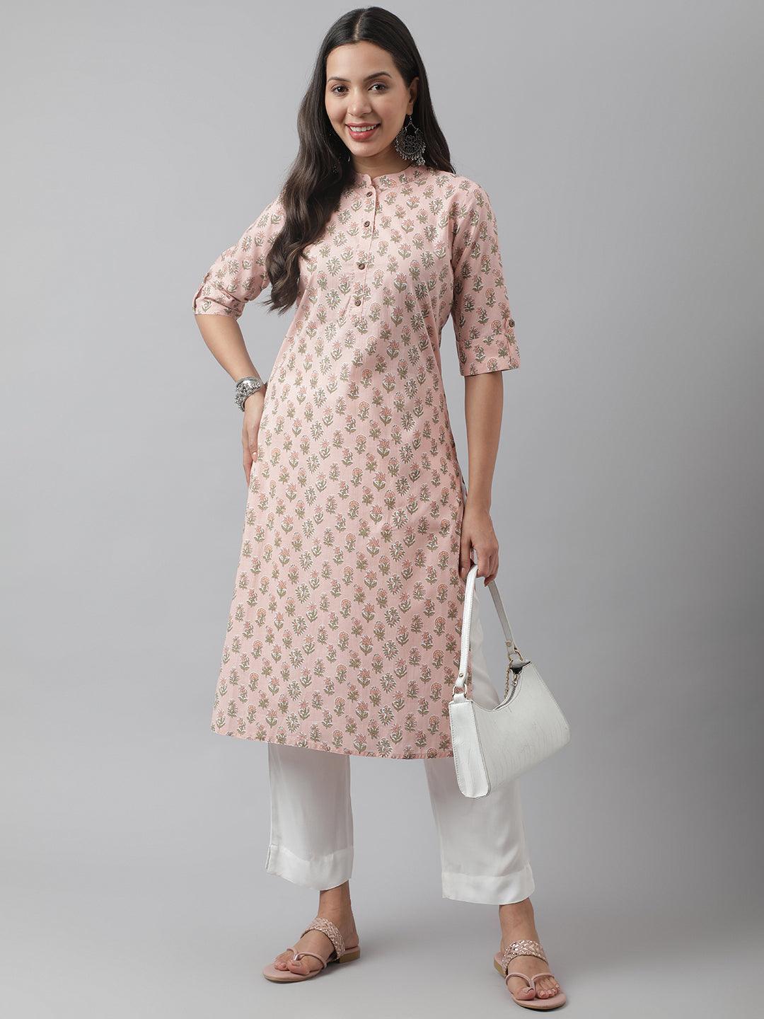 Women's Soft Pink Floral Printed Straight Kurta - Taantav