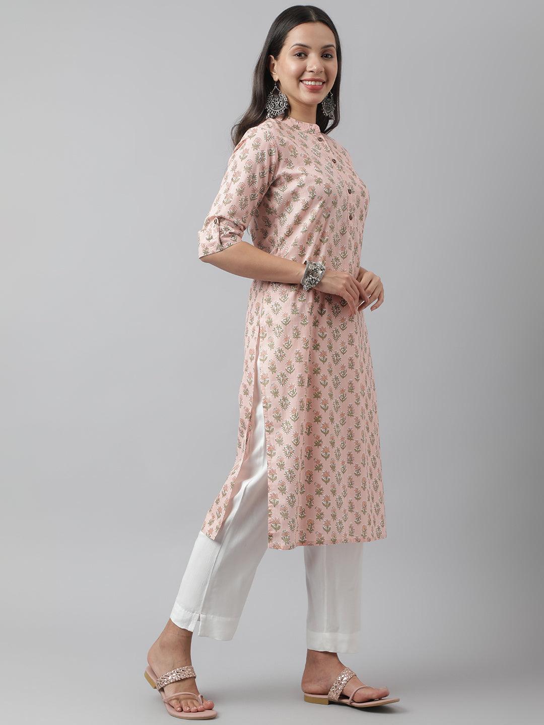 Women's Soft Pink Floral Printed Straight Kurta - Taantav