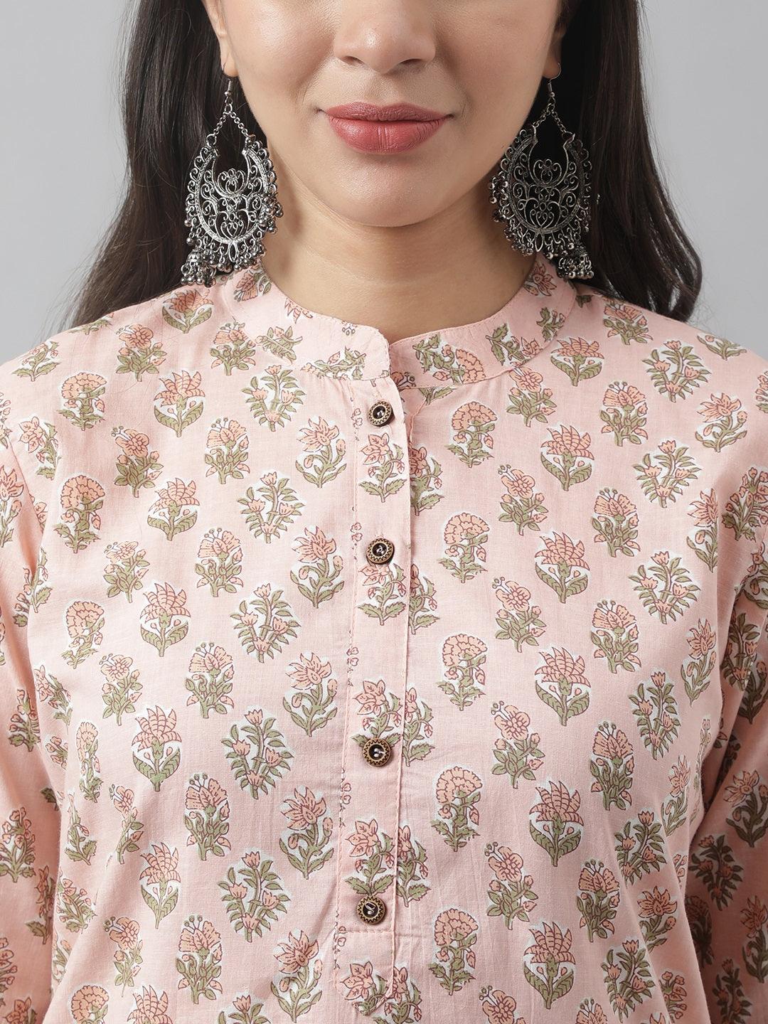 Women's Soft Pink Floral Printed Straight Kurta - Taantav