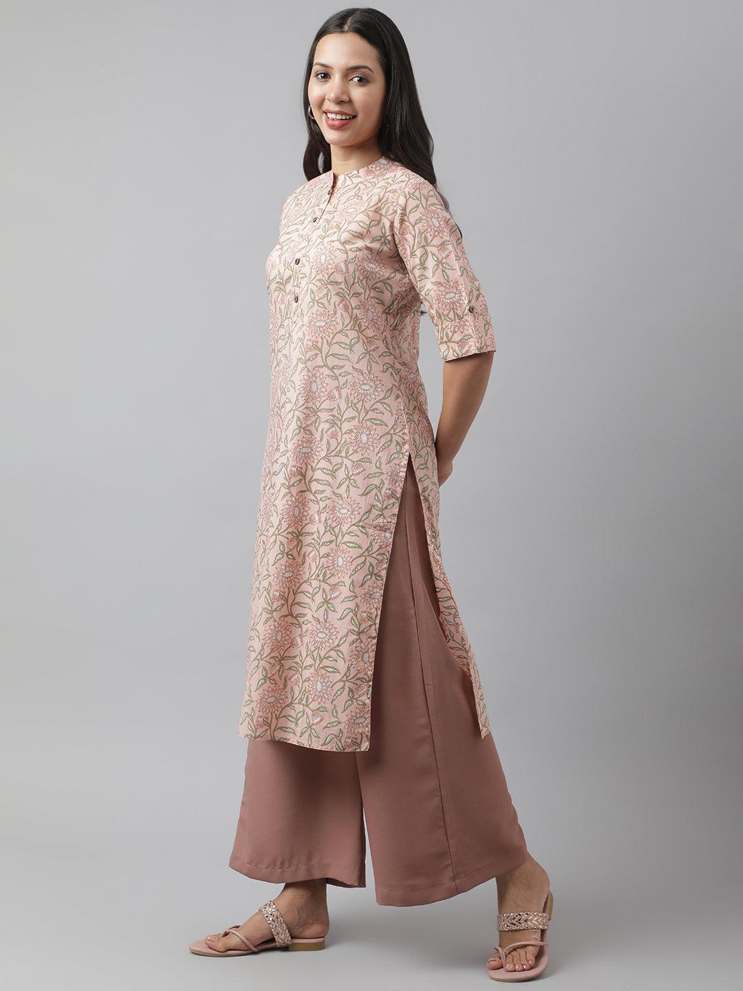 Women's Baby Pink & Green Floral Printed Straight Kurta - Taantav