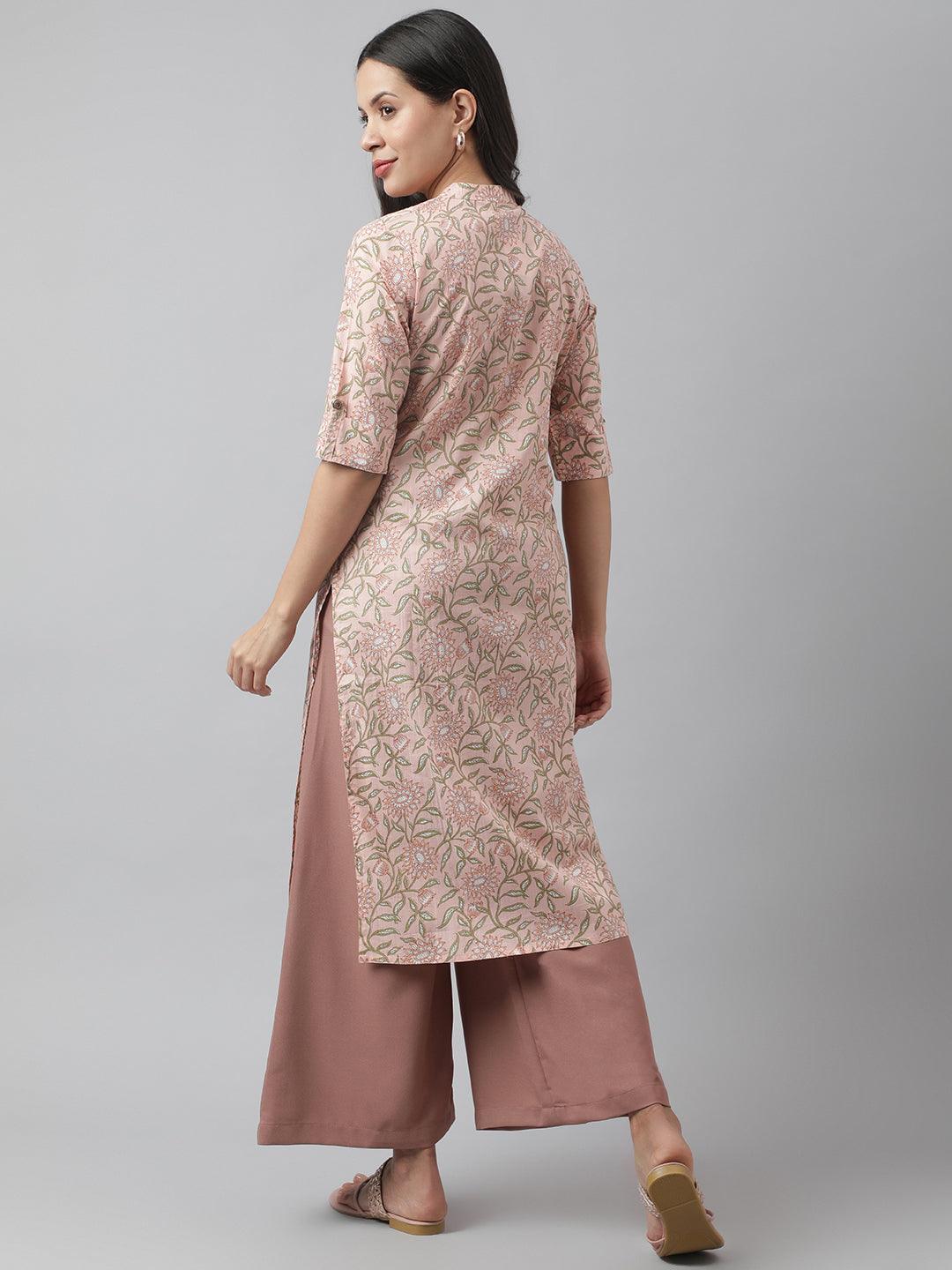 Women's Baby Pink & Green Floral Printed Straight Kurta - Taantav