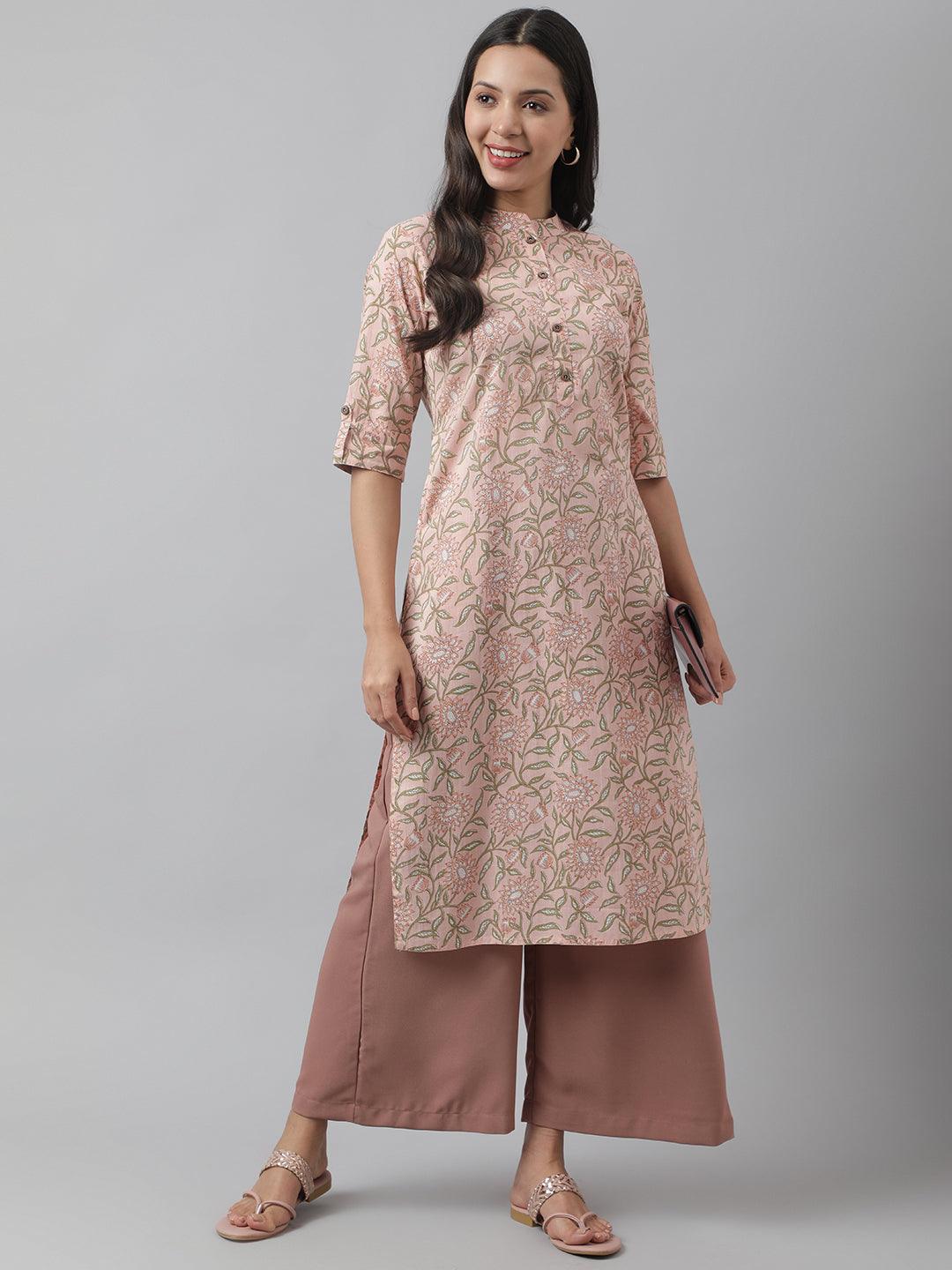 Women's Baby Pink & Green Floral Printed Straight Kurta - Taantav