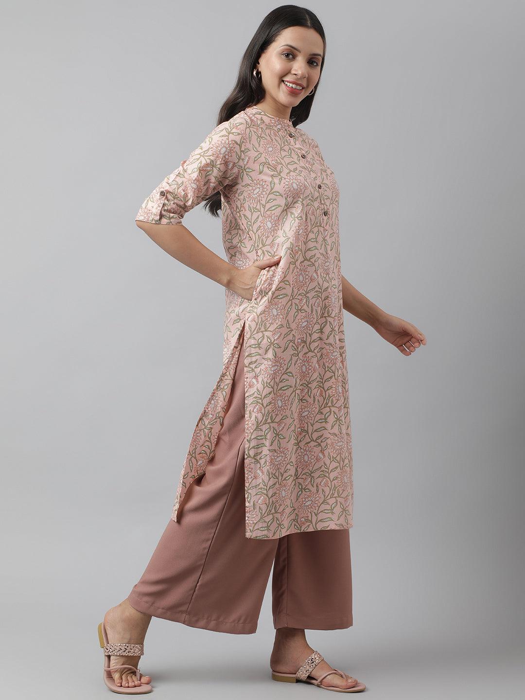 Women's Baby Pink & Green Floral Printed Straight Kurta - Taantav