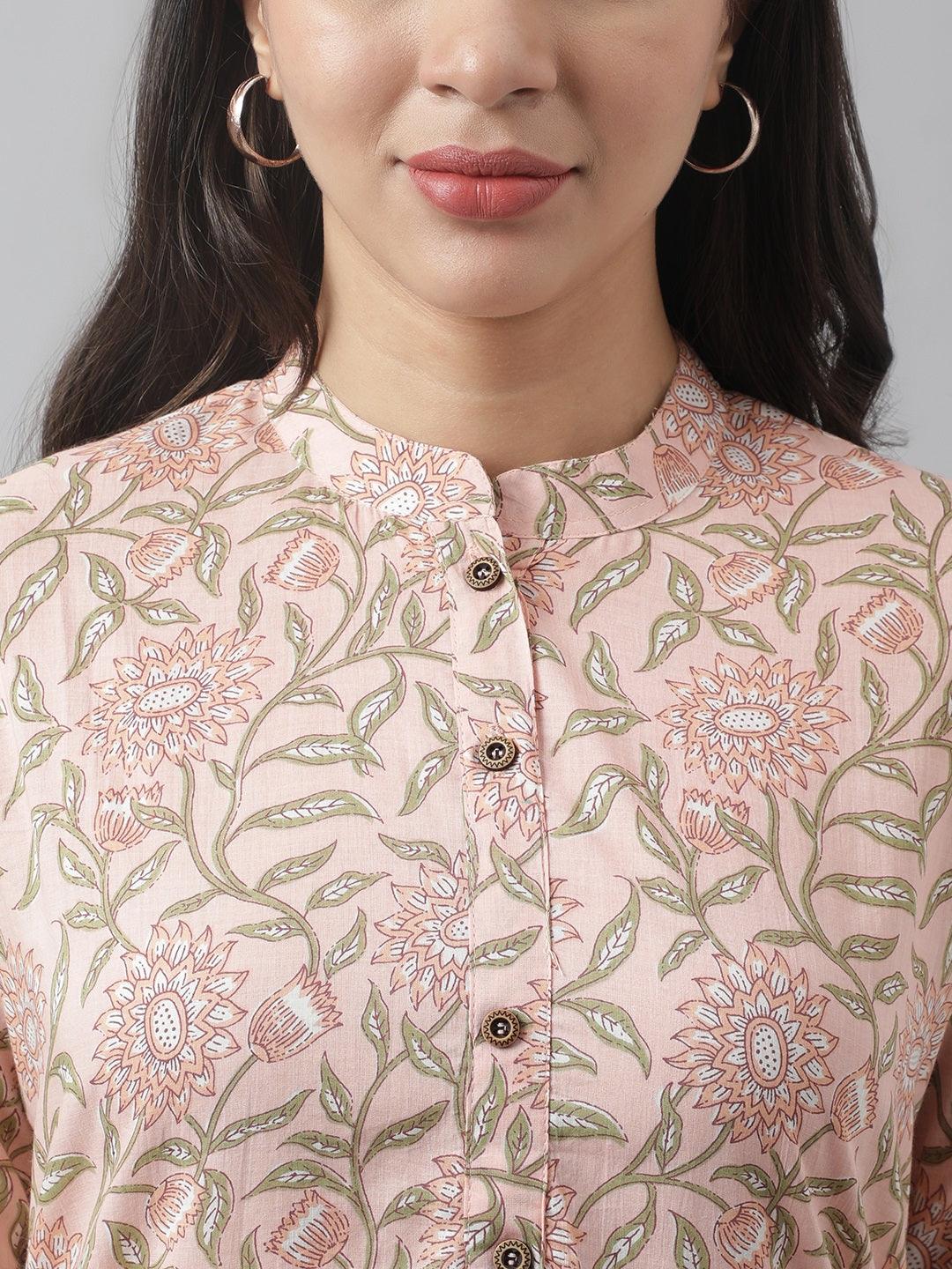 Women's Baby Pink & Green Floral Printed Straight Kurta - Taantav