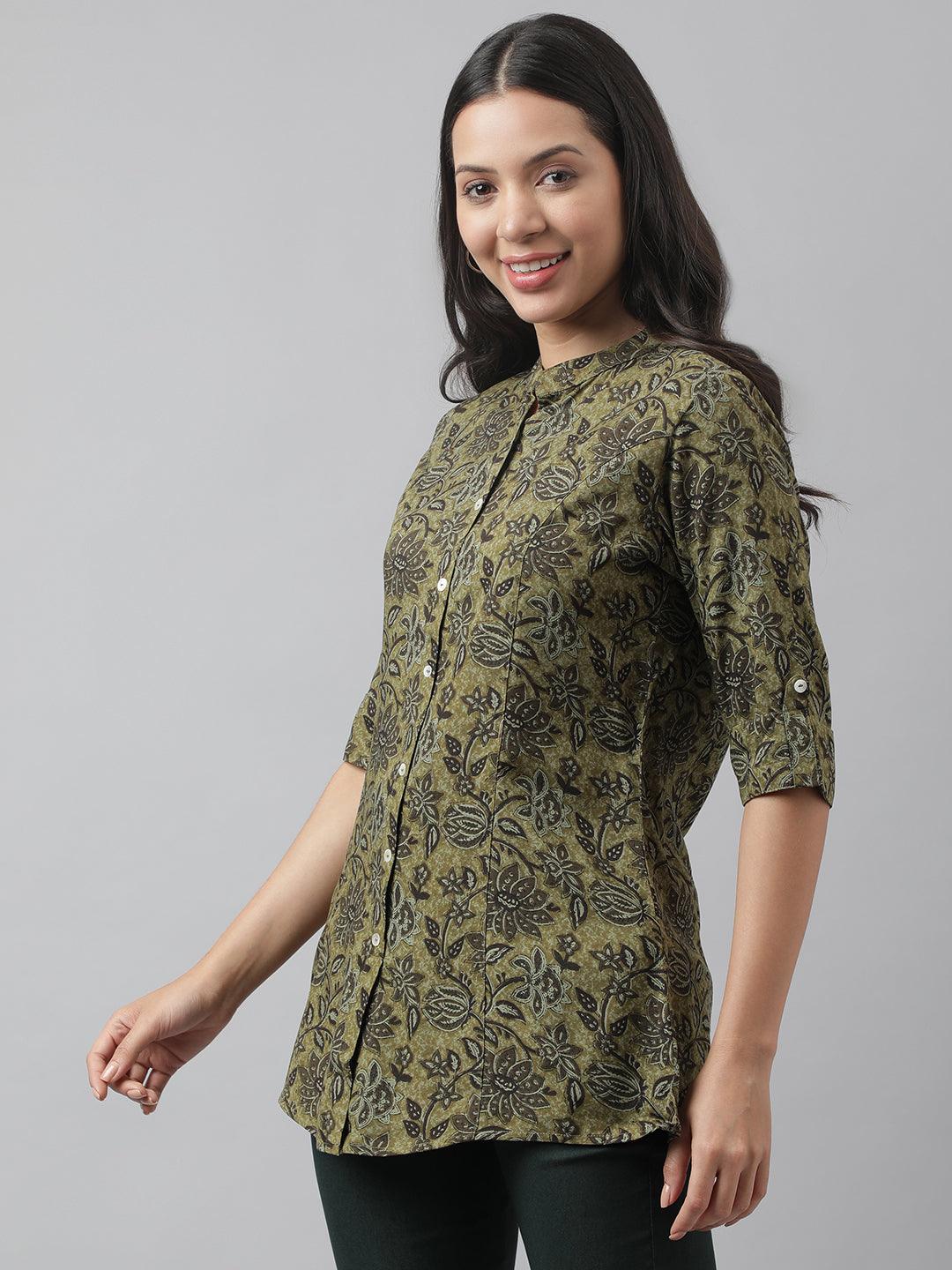 Women's Olive Green Floral Printed Rayon A-line Shirt Style Top - Taantav