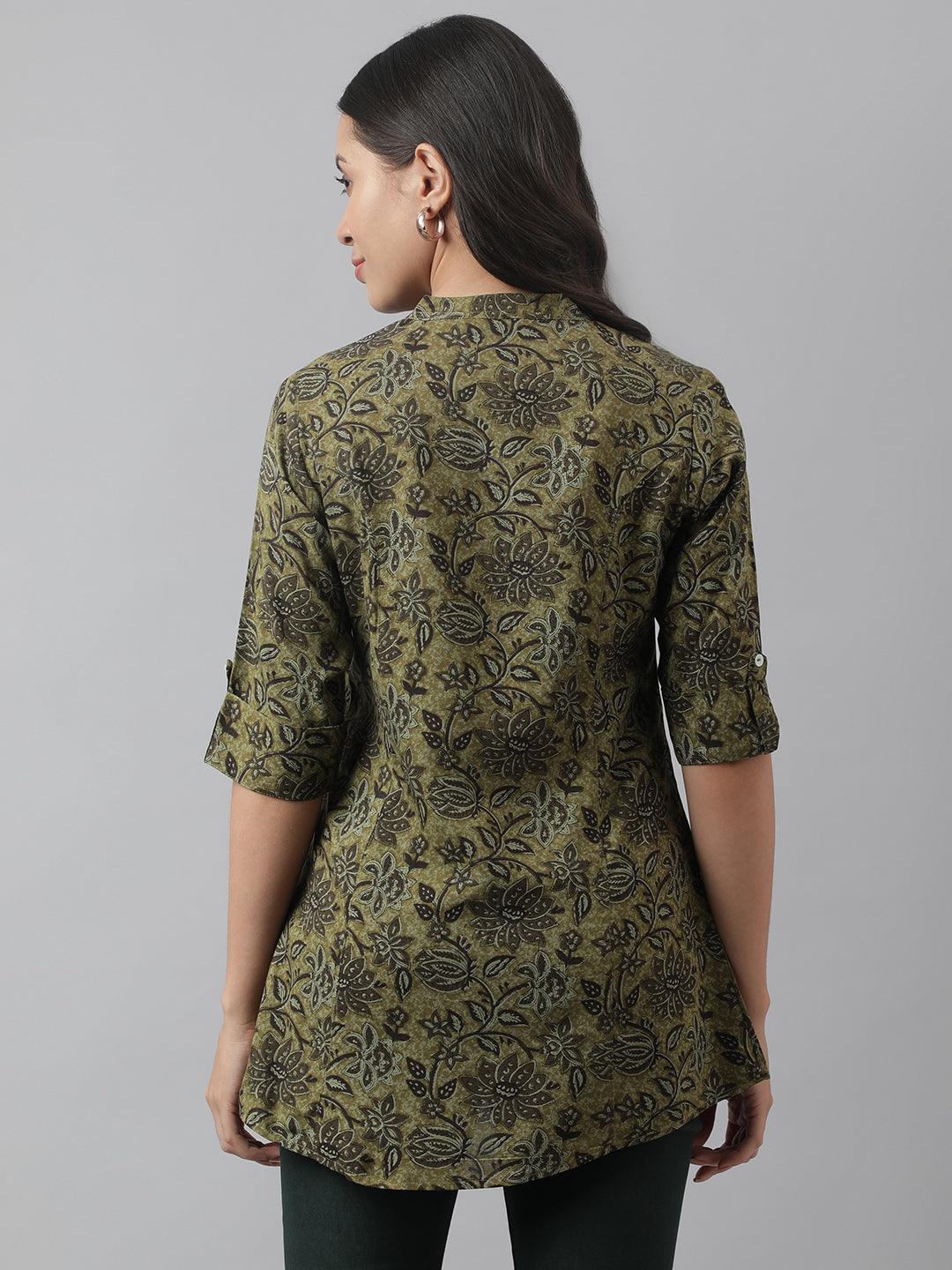 Women's Olive Green Floral Printed Rayon A-line Shirt Style Top - Taantav