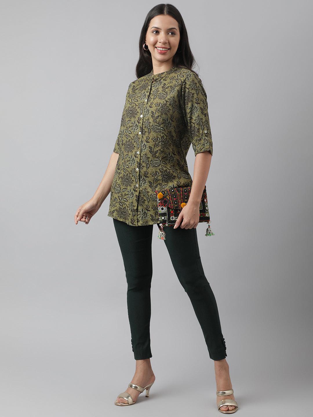 Women's Olive Green Floral Printed Rayon A-line Shirt Style Top - Taantav