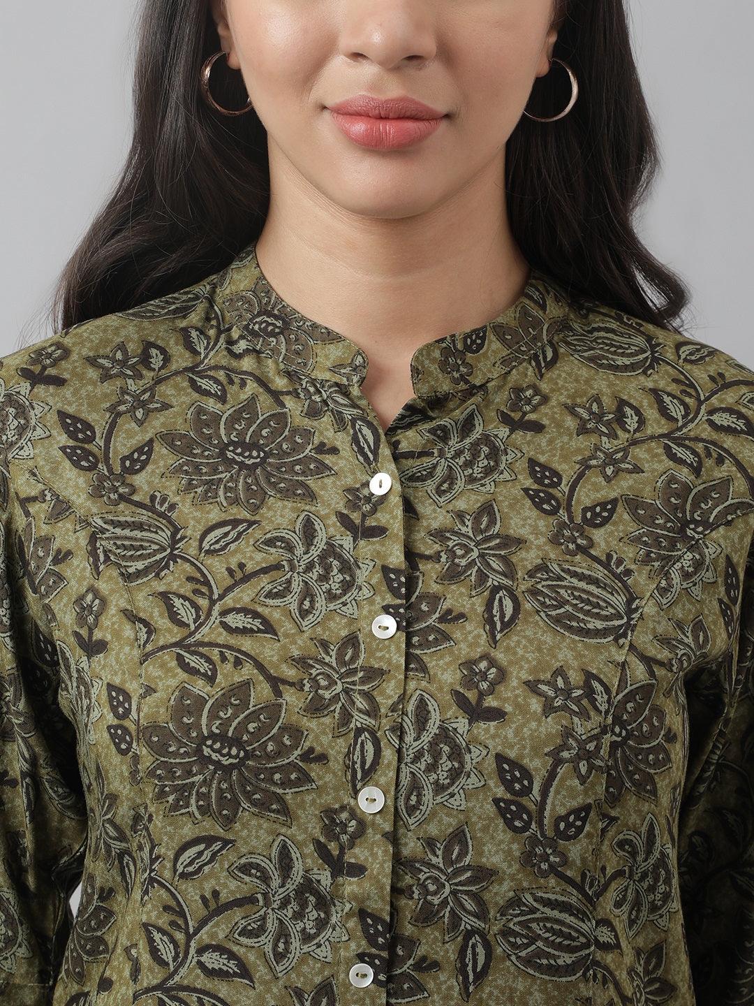 Women's Olive Green Floral Printed Rayon A-line Shirt Style Top - Taantav