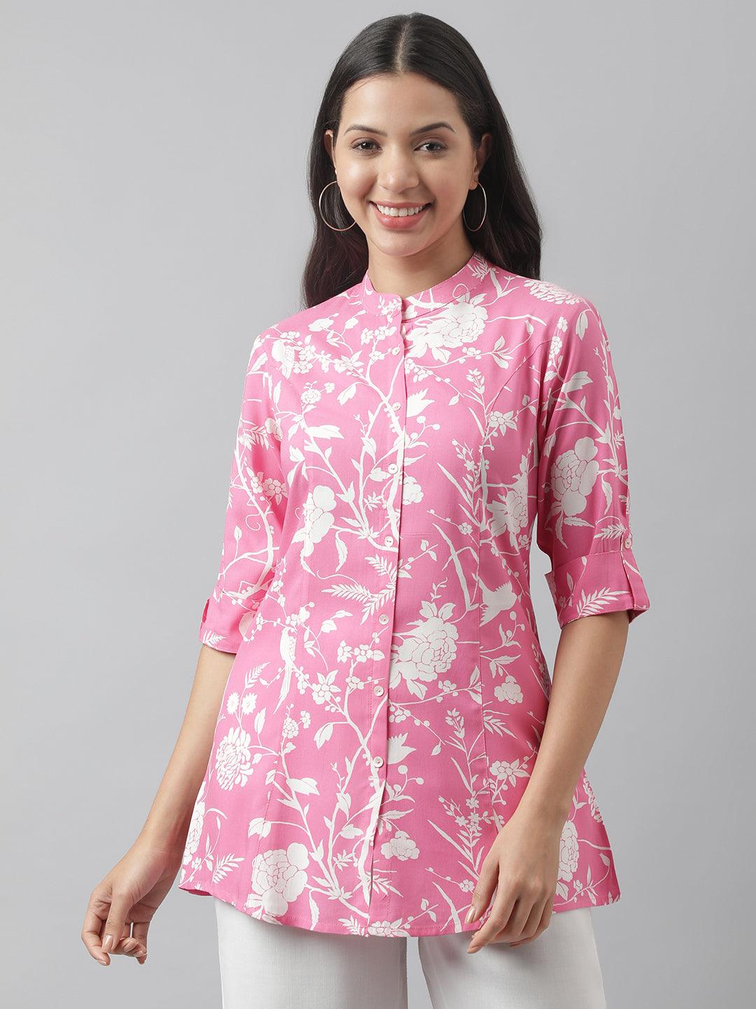 Women's Light Pink Floral Printed Rayon A-line Shirt Style Top - Taantav