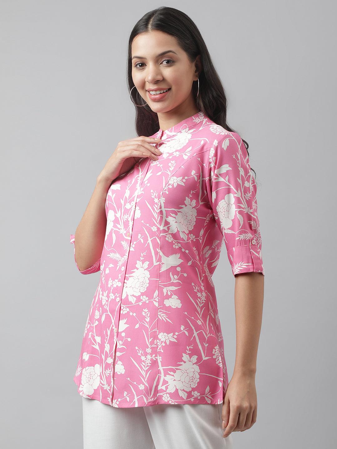 Women's Light Pink Floral Printed Rayon A-line Shirt Style Top - Taantav