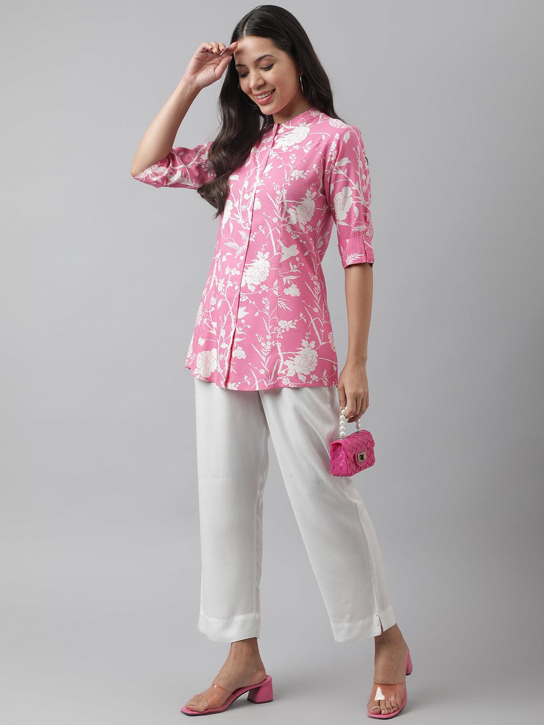 Women's Light Pink Floral Printed Rayon A-line Shirt Style Top - Taantav