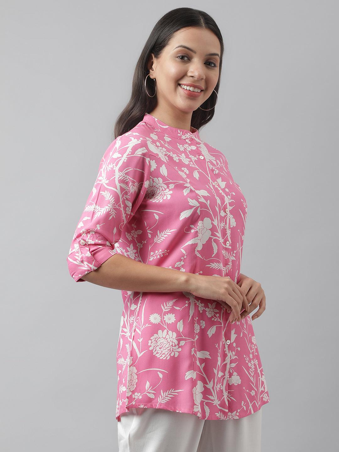 Women's Light Pink Floral Printed Rayon A-line Shirt Style Top - Taantav