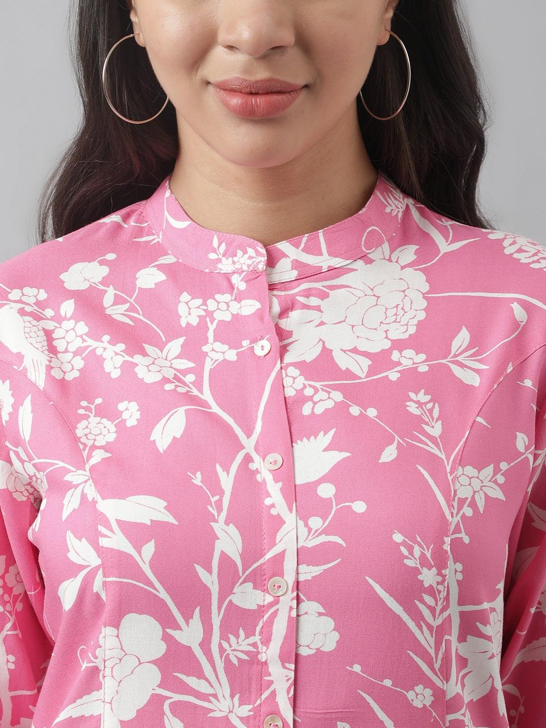 Women's Light Pink Floral Printed Rayon A-line Shirt Style Top - Taantav