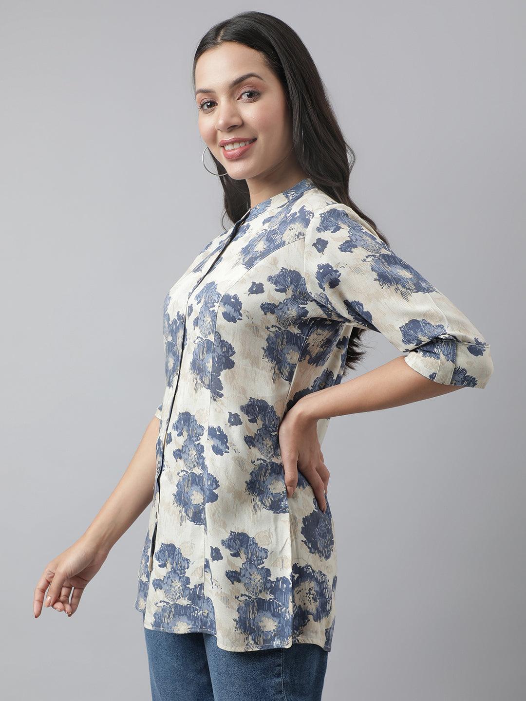 Women's Cream Floral Printed Rayon A-line Shirt Style Top - Taantav