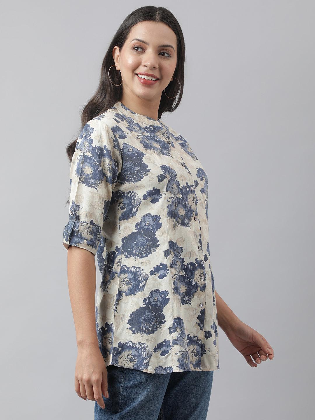 Women's Cream Floral Printed Rayon A-line Shirt Style Top - Taantav