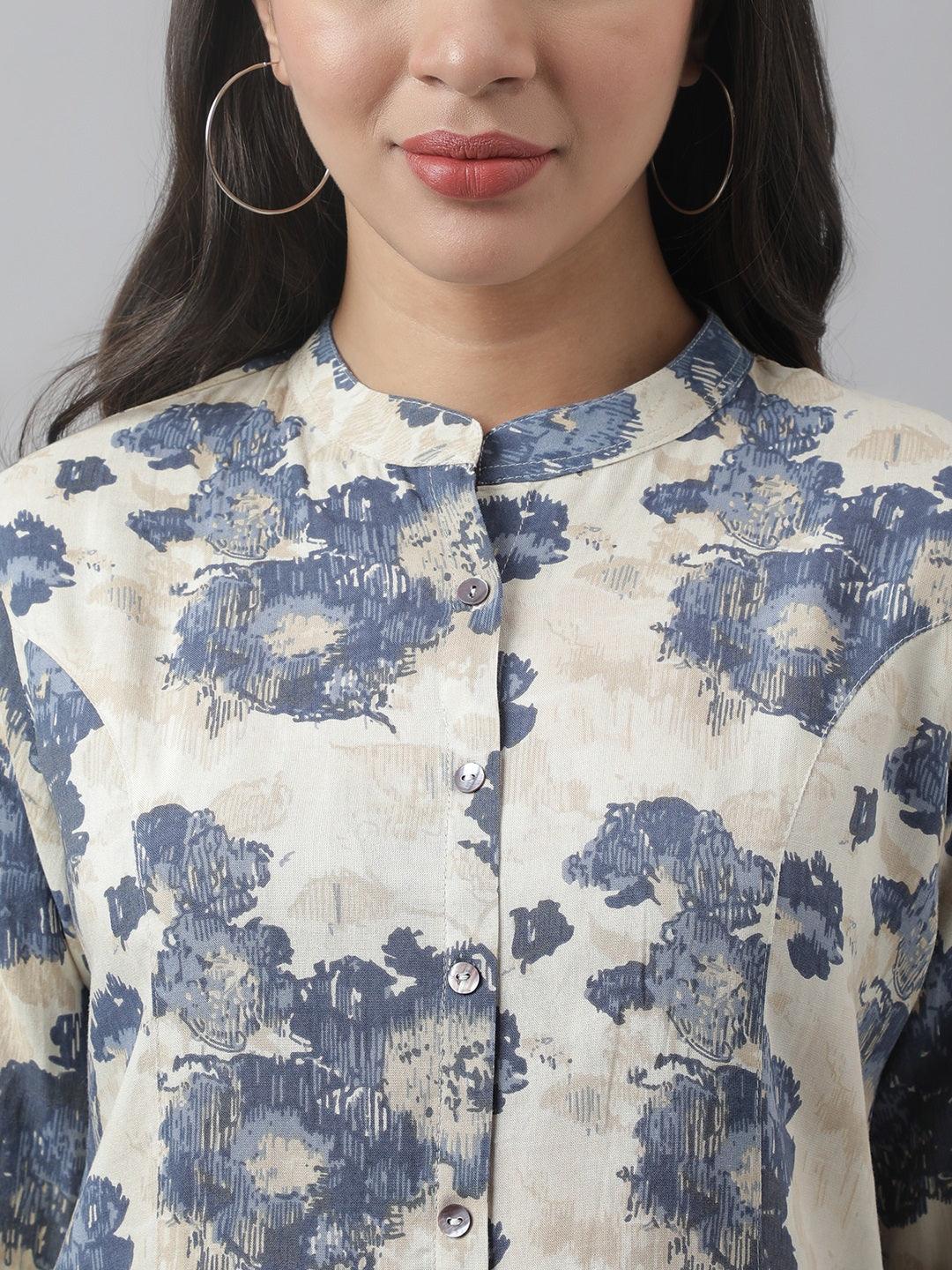 Women's Cream Floral Printed Rayon A-line Shirt Style Top - Taantav