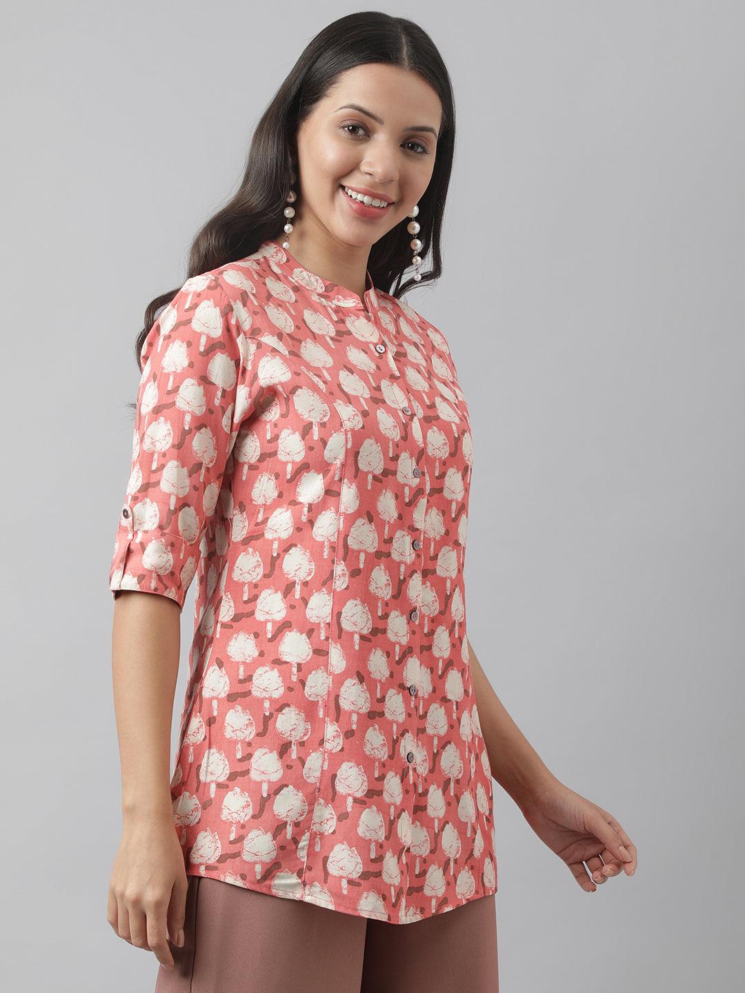 Women's Peach Floral Printed Rayon A-line Shirt Style Top - Taantav