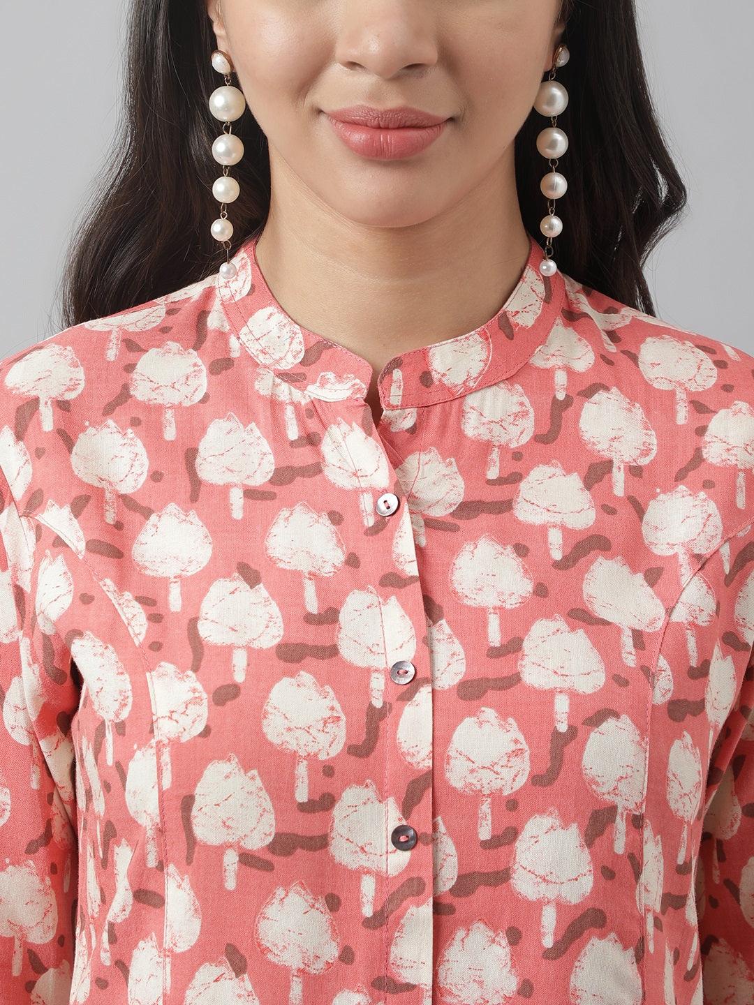 Women's Peach Floral Printed Rayon A-line Shirt Style Top - Taantav