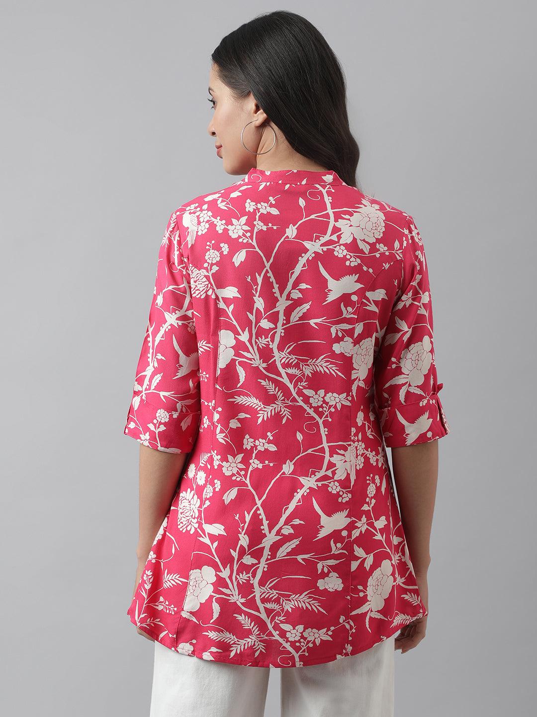 Women's Hot Pink Floral Printed Rayon A-line Shirt Style Top - Taantav