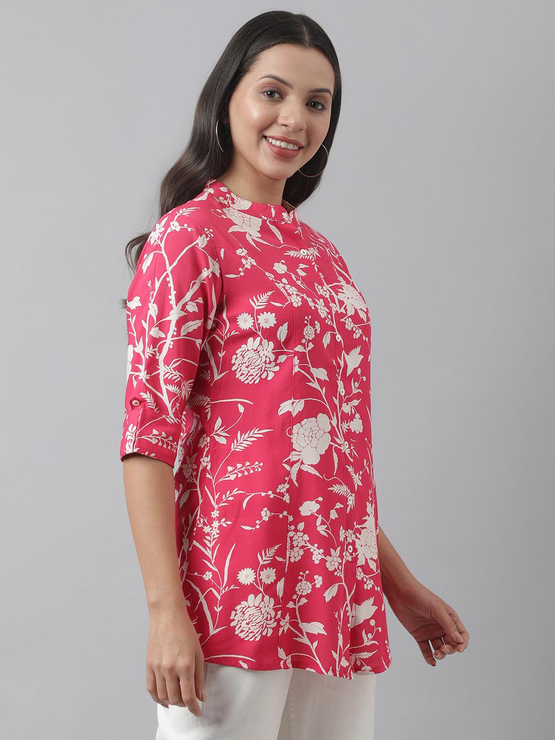 Women's Hot Pink Floral Printed Rayon A-line Shirt Style Top - Taantav