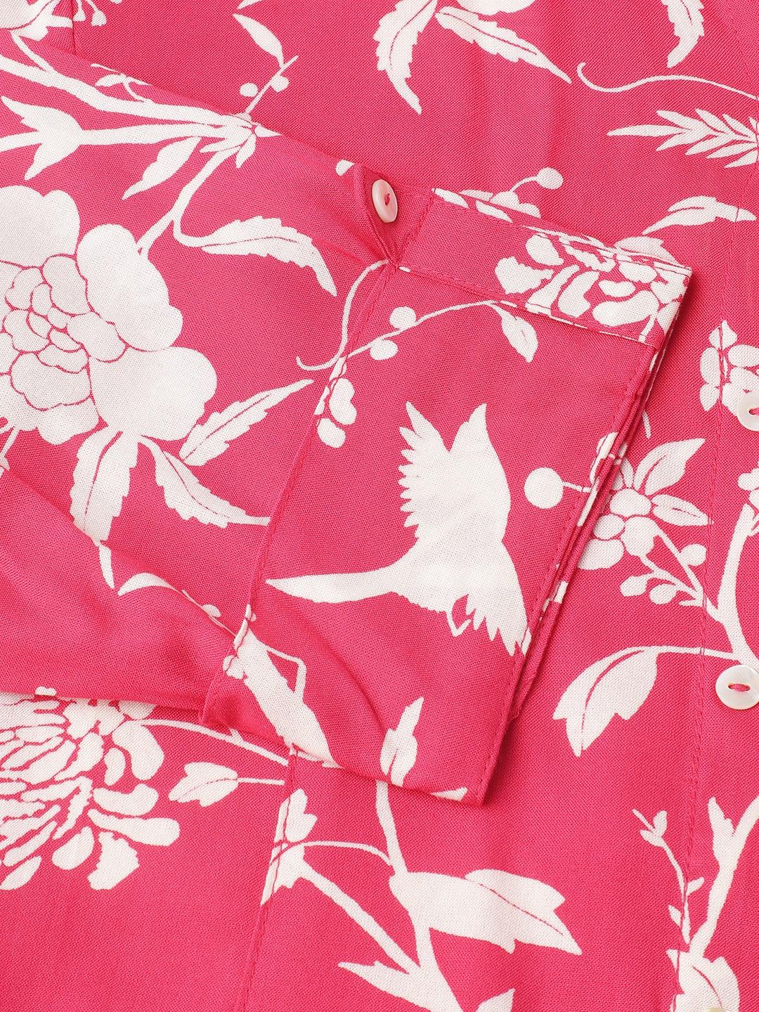 Women's Hot Pink Floral Printed Rayon A-line Shirt Style Top - Taantav