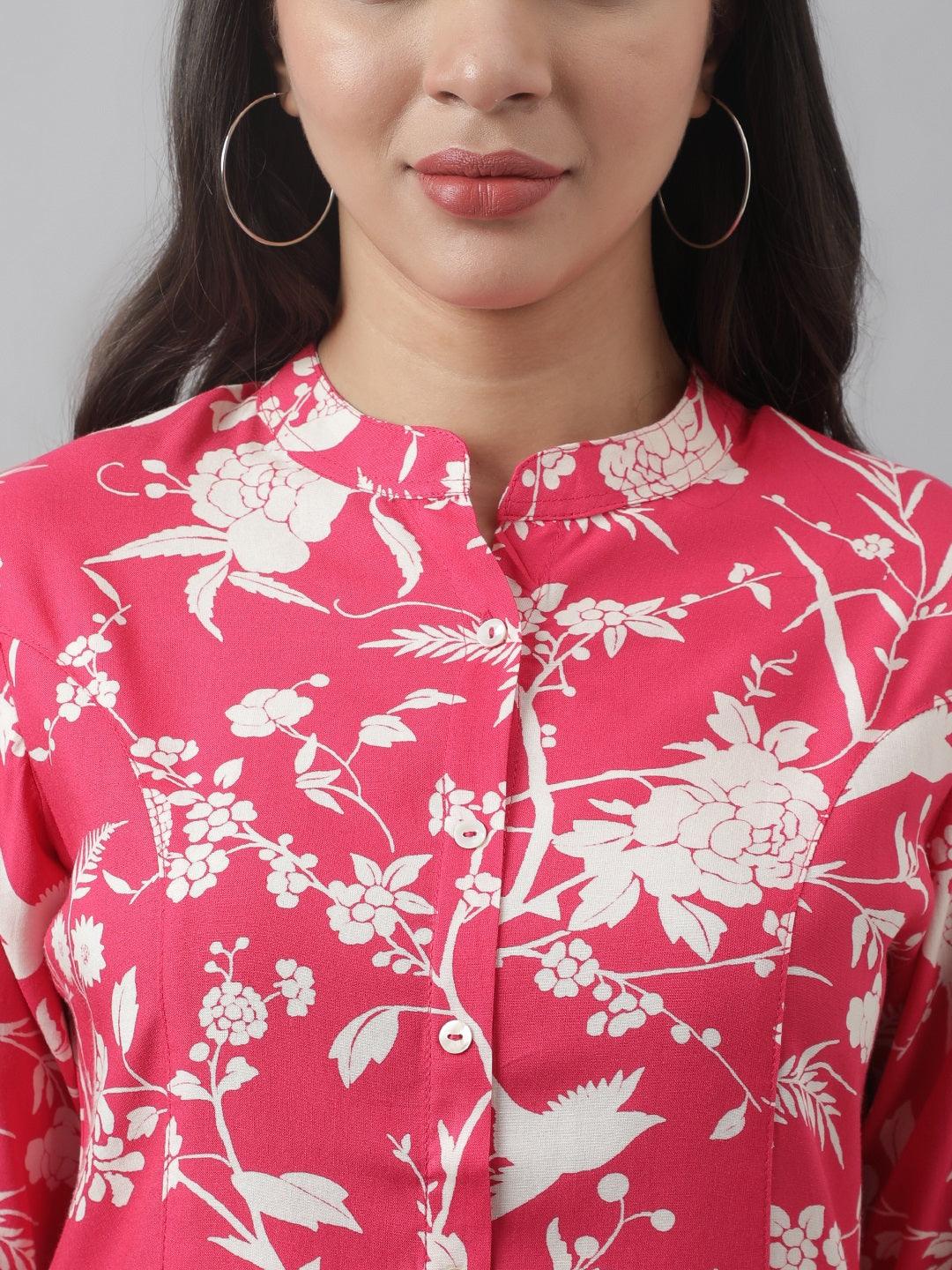 Women's Hot Pink Floral Printed Rayon A-line Shirt Style Top - Taantav