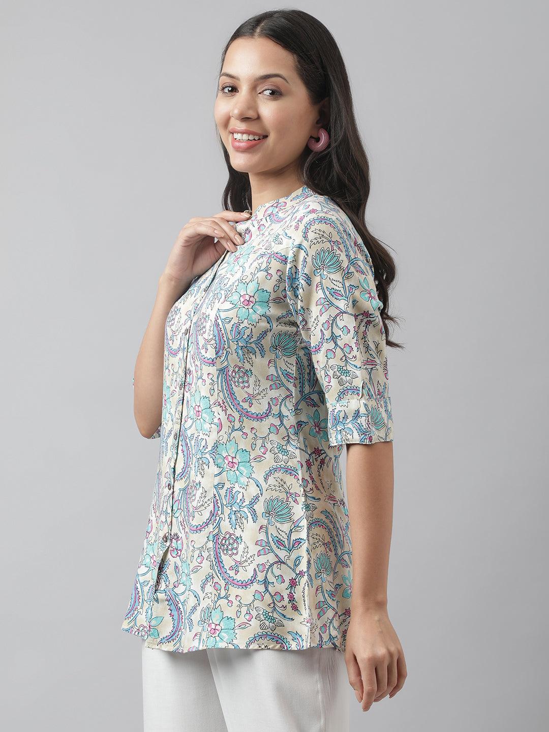 Women's Multi Colored Floral Printed Rayon A-line Shirt Style Top - Taantav