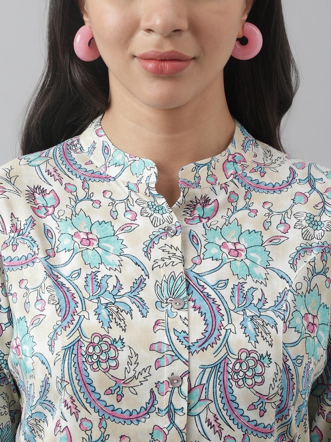 Women's Multi Colored Floral Printed Rayon A-line Shirt Style Top - Taantav