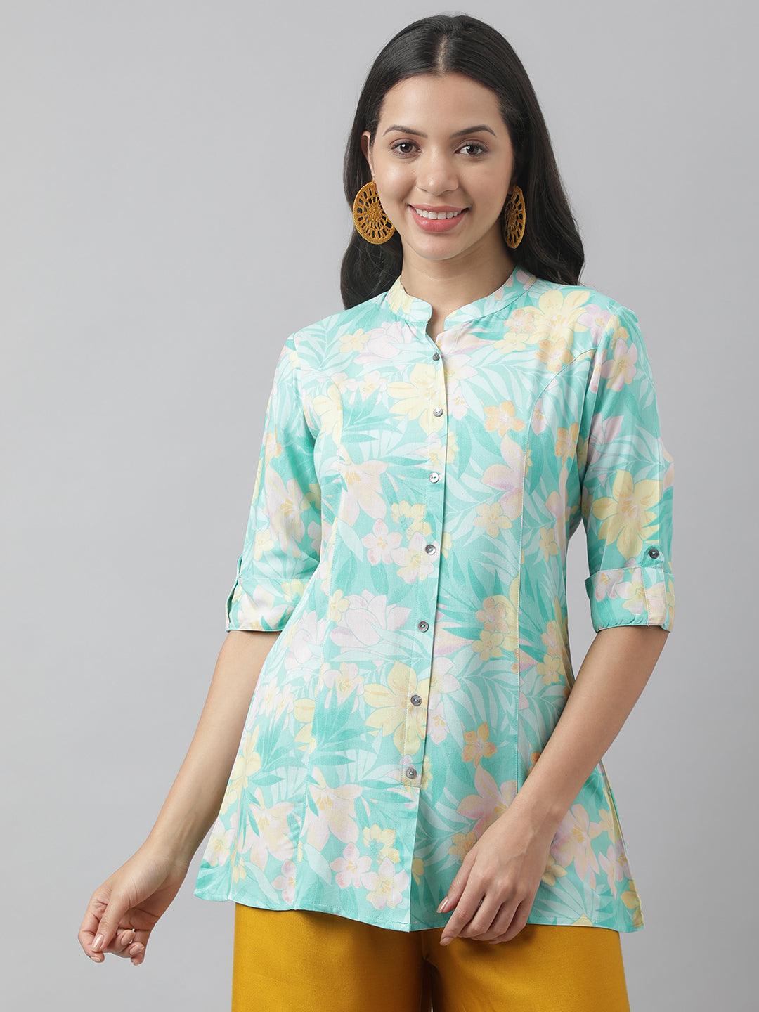 Women's Sea Green Floral Printed Rayon A-line Shirt Style Top - Taantav