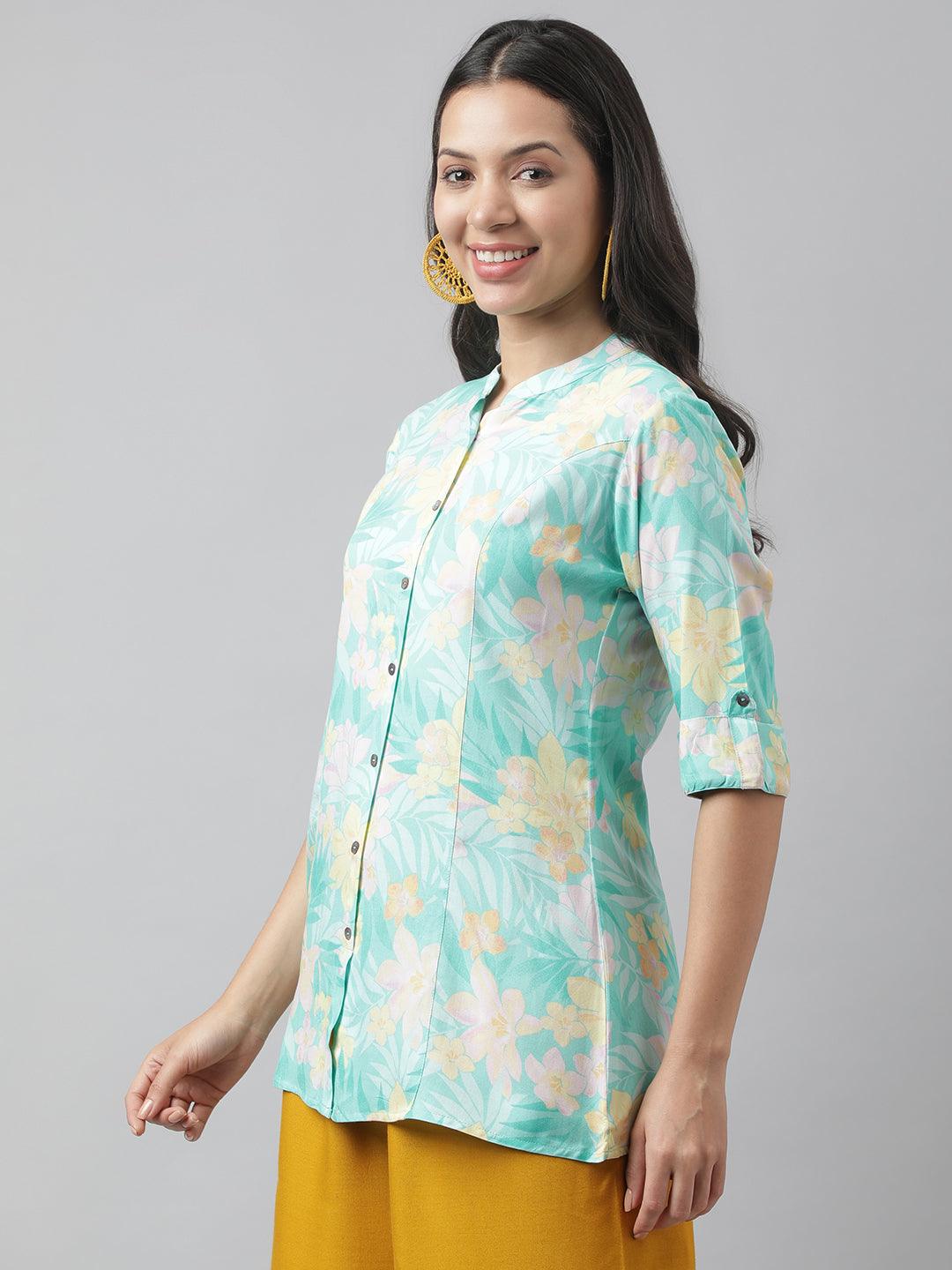 Women's Sea Green Floral Printed Rayon A-line Shirt Style Top - Taantav