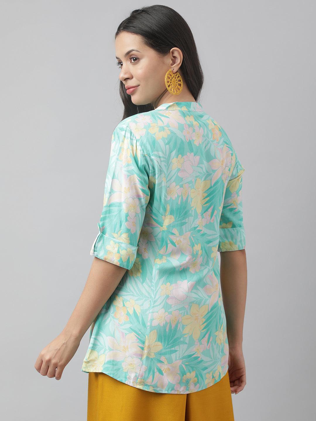 Women's Sea Green Floral Printed Rayon A-line Shirt Style Top - Taantav