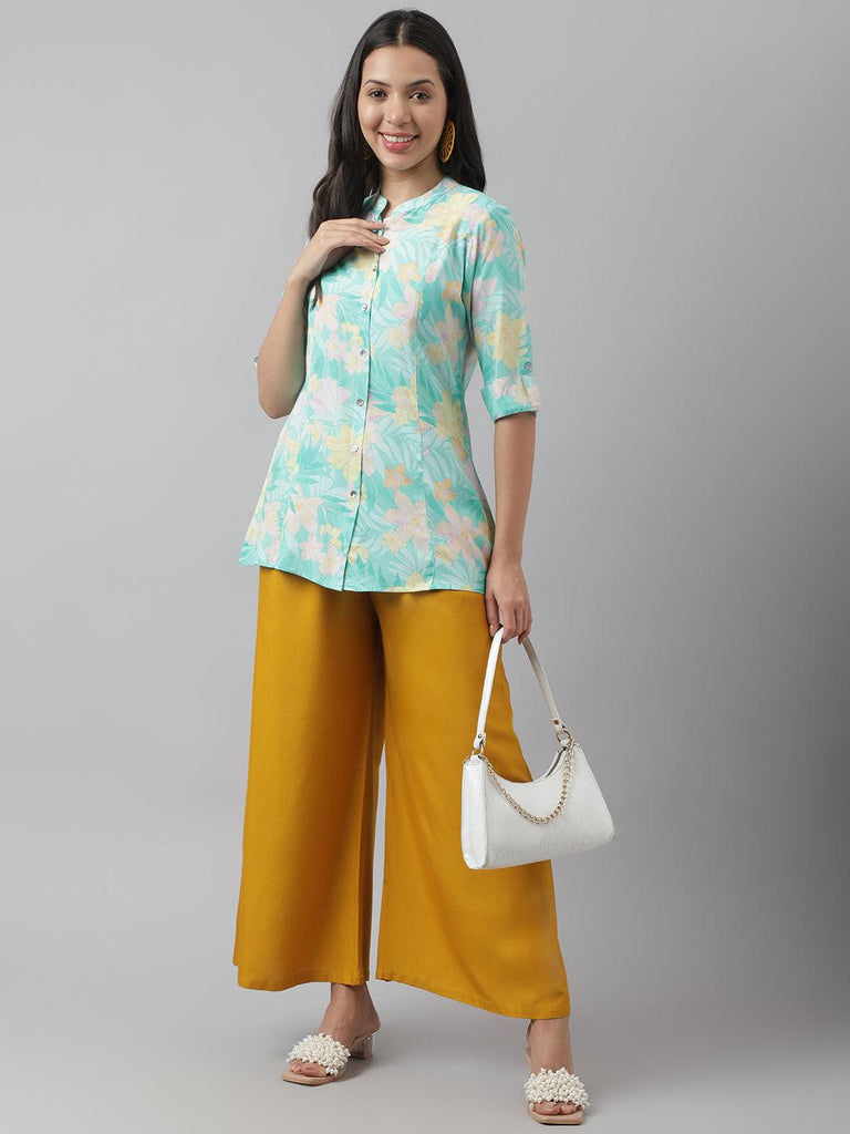Women's Sea Green Floral Printed Rayon A-line Shirt Style Top