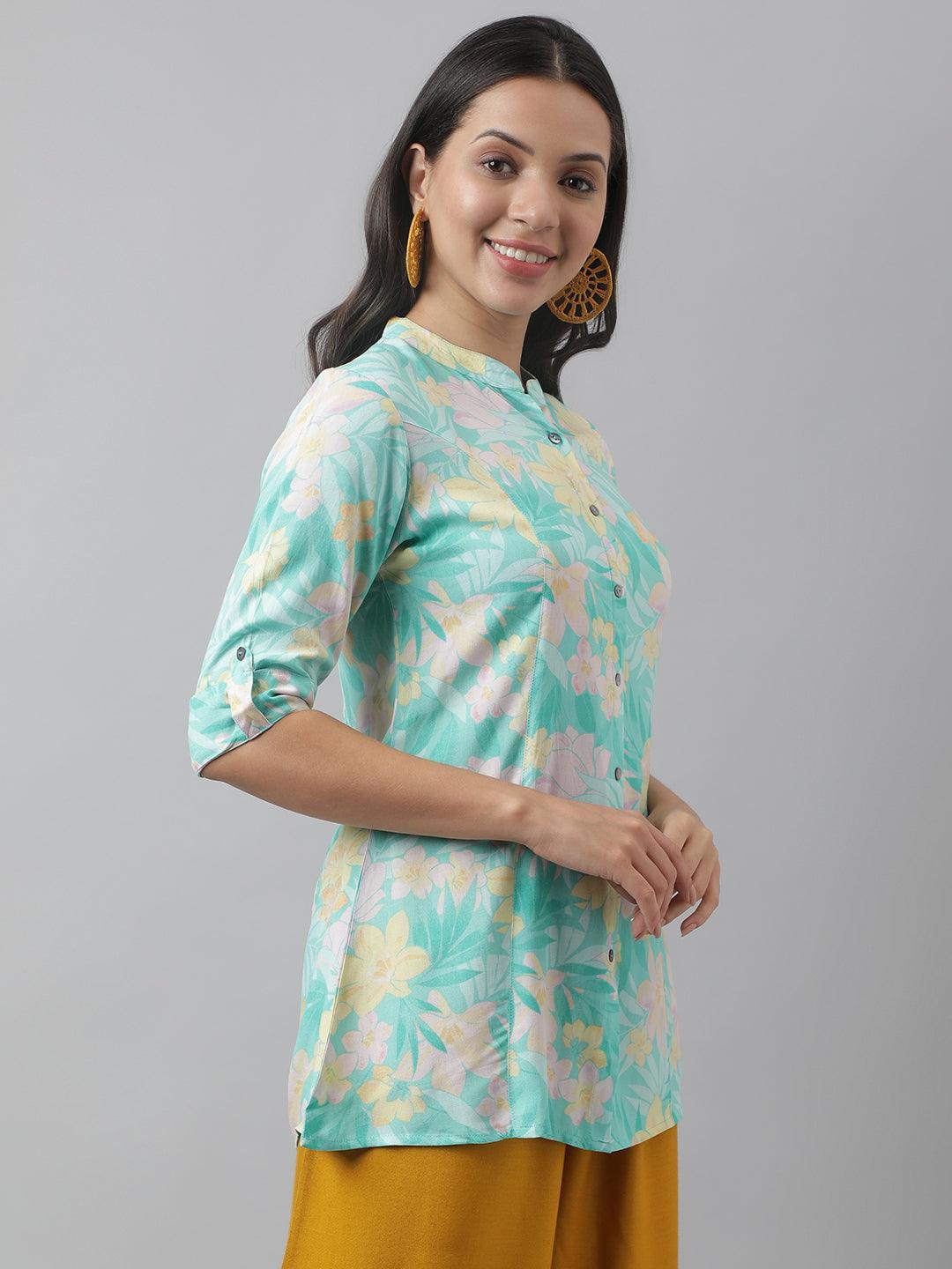 Women's Sea Green Floral Printed Rayon A-line Shirt Style Top - Taantav