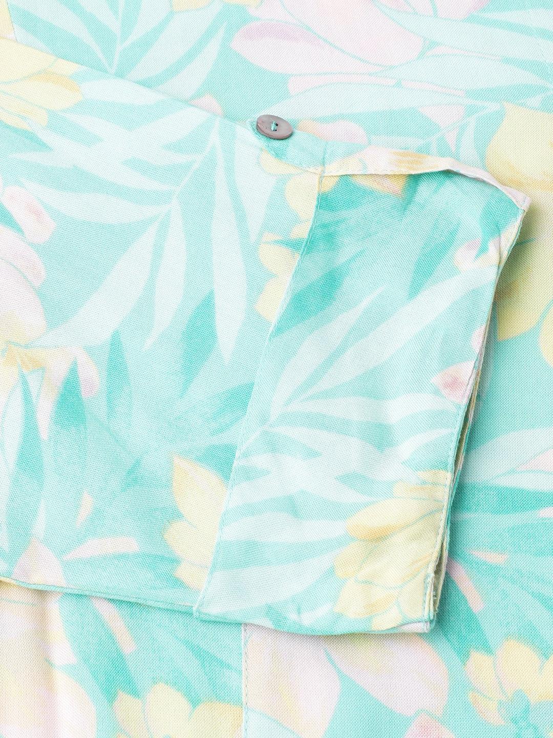 Women's Sea Green Floral Printed Rayon A-line Shirt Style Top - Taantav