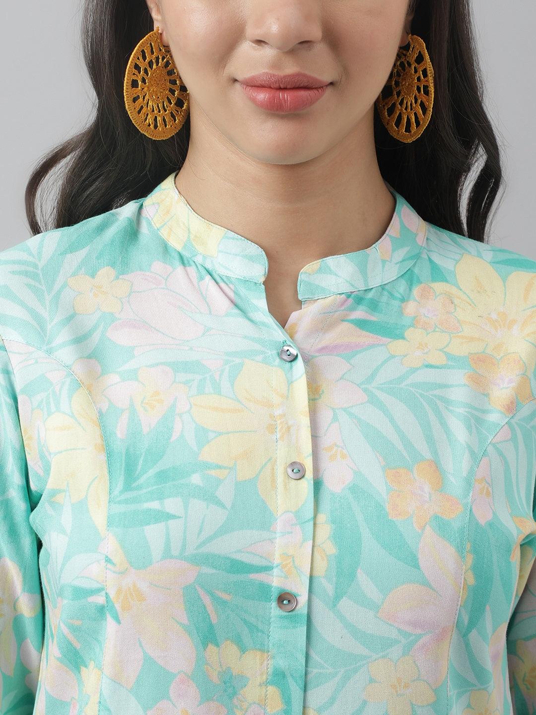 Women's Sea Green Floral Printed Rayon A-line Shirt Style Top - Taantav